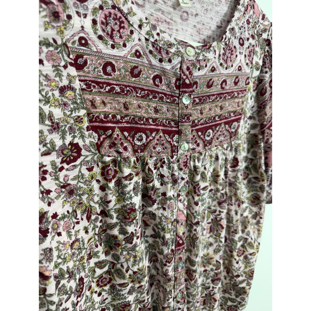 Lucky Brand Pink Floral paisley peasant Button Front Short Sleeve Boho Top Small - Picture 4 of 8